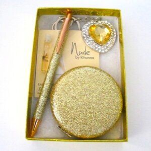 Purse Items Rihanna Scent Nude, Compact Mirror, Pen, Keychain Gold Glitter Box
